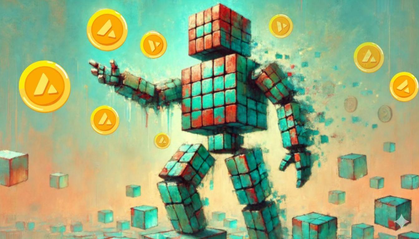 Robot directing floating coins on fractured cubes, tied to crypto price