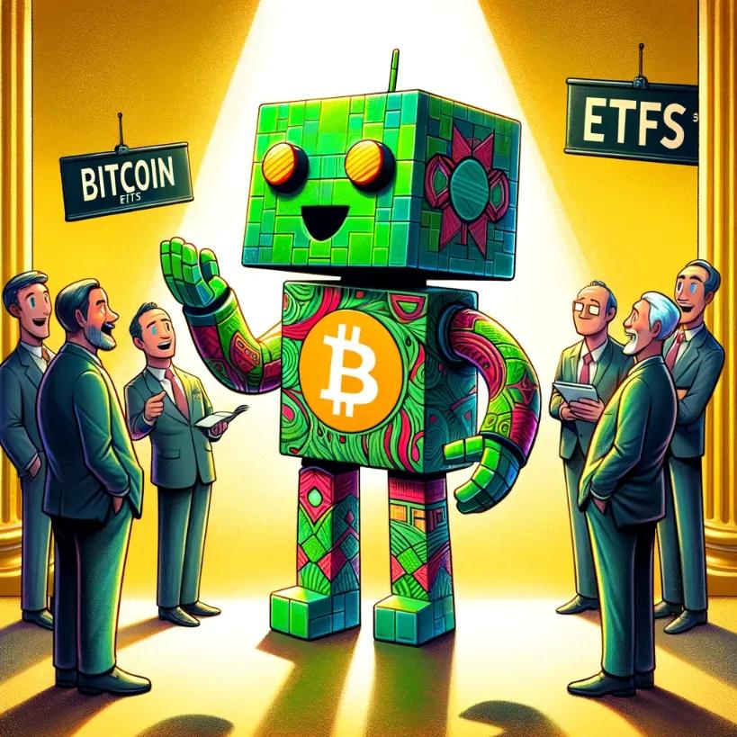 Robot discussing Bitcoin ETFs with a group of traditional Wall Street bankers