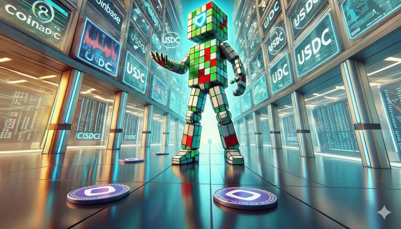 Robot displays MON token sale amid glowing crypto price index charts