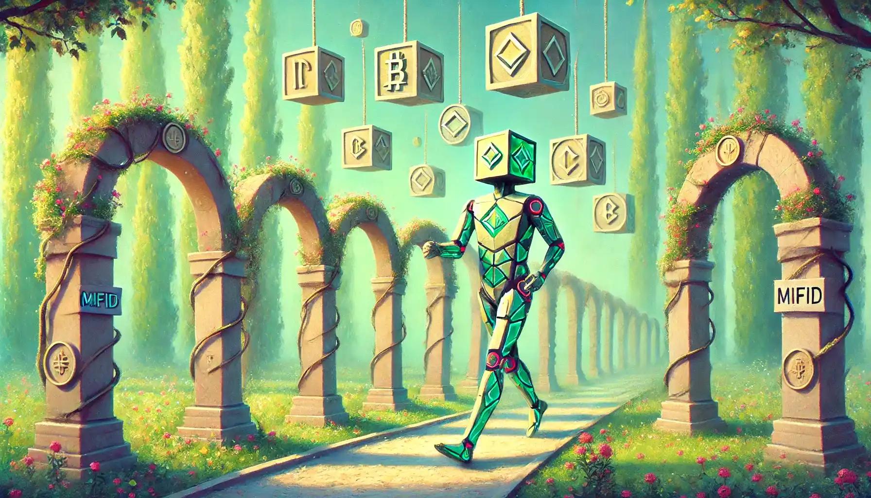 Robot enters pastel MiFID gateway surrounded by licensing arches