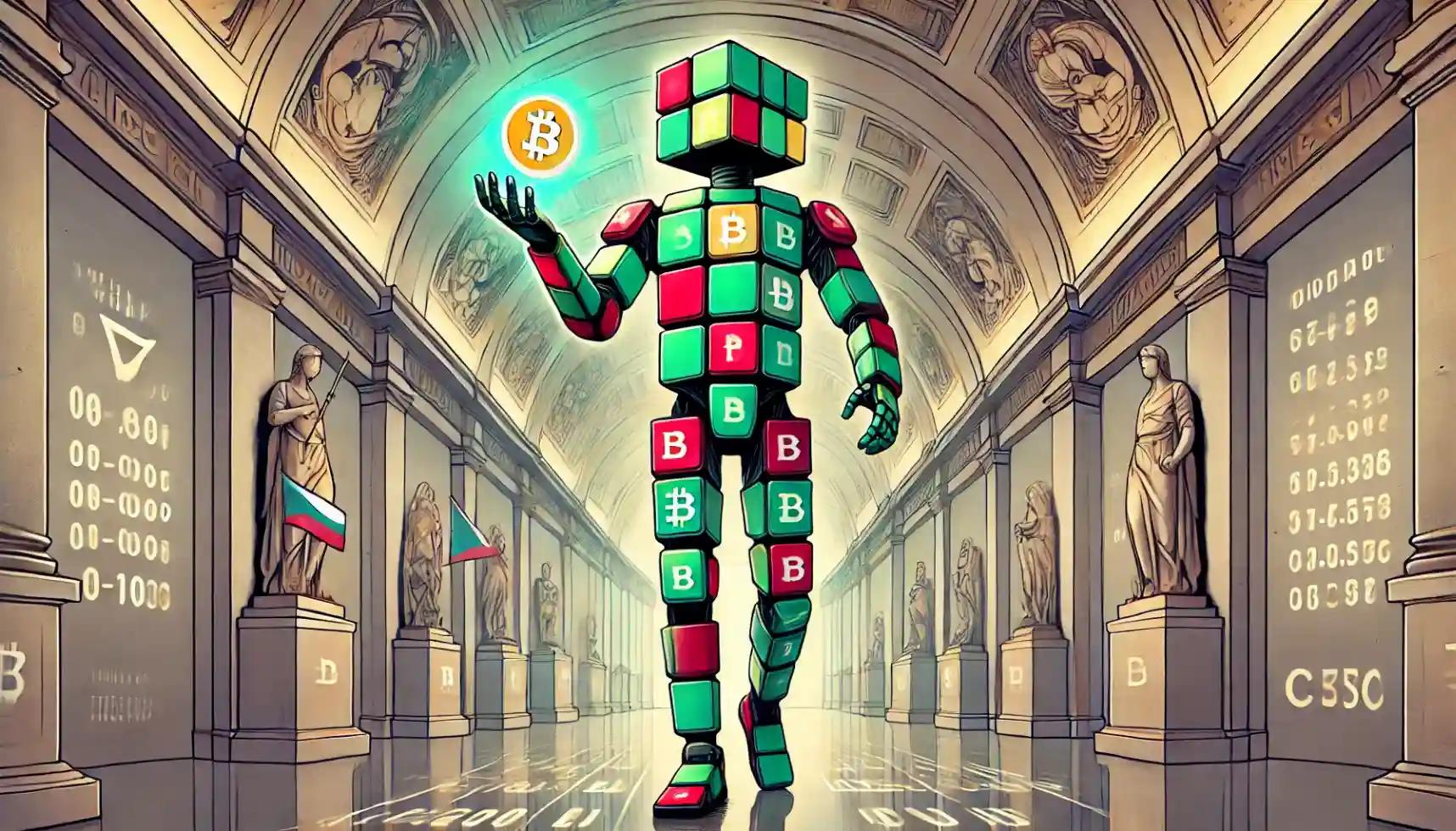 Robot evaluates Bitcoin beside Czech lion emblem in central bank hall