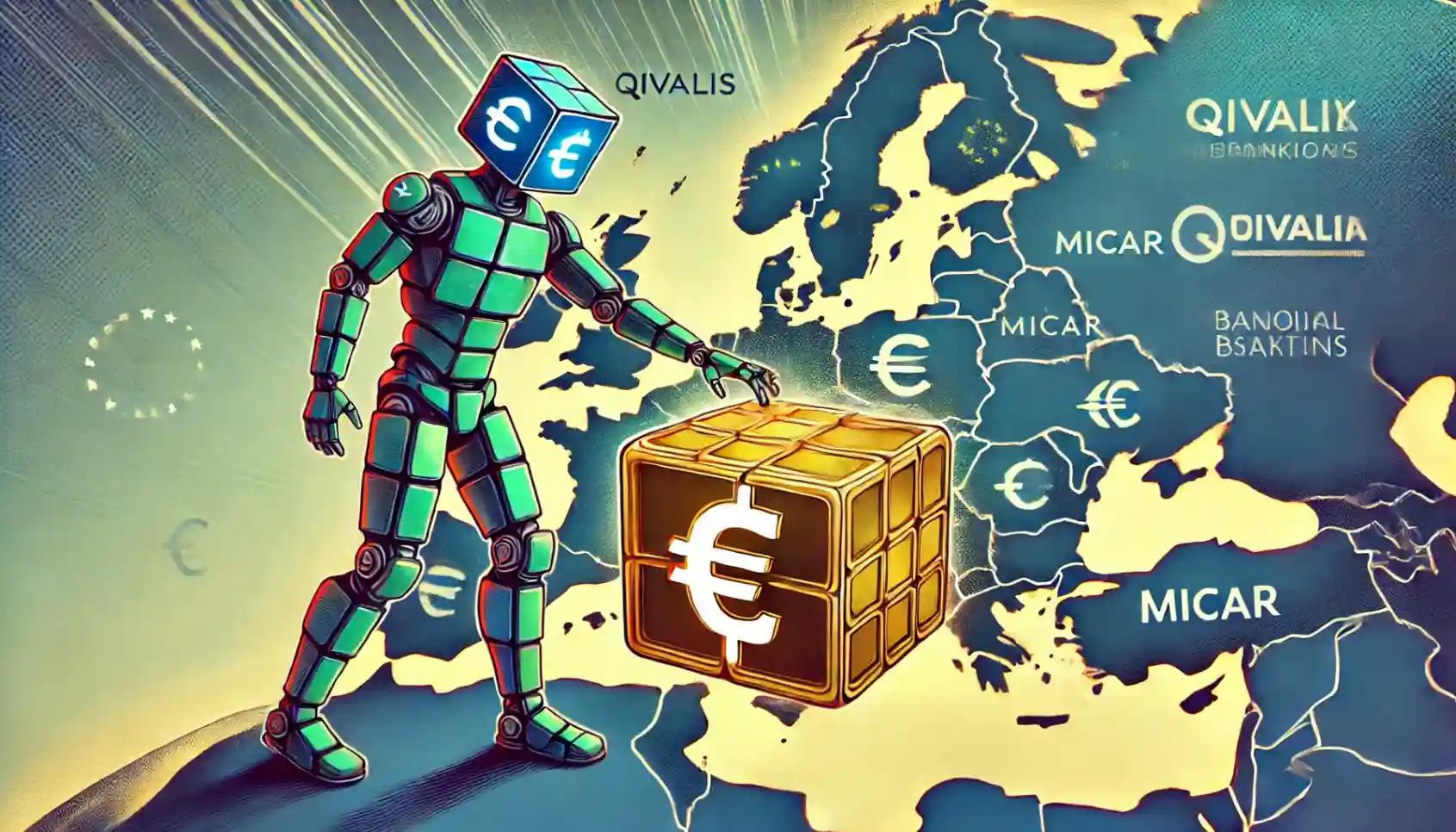 Robot firmly places a Euro stablecoin token on the map of Europe.