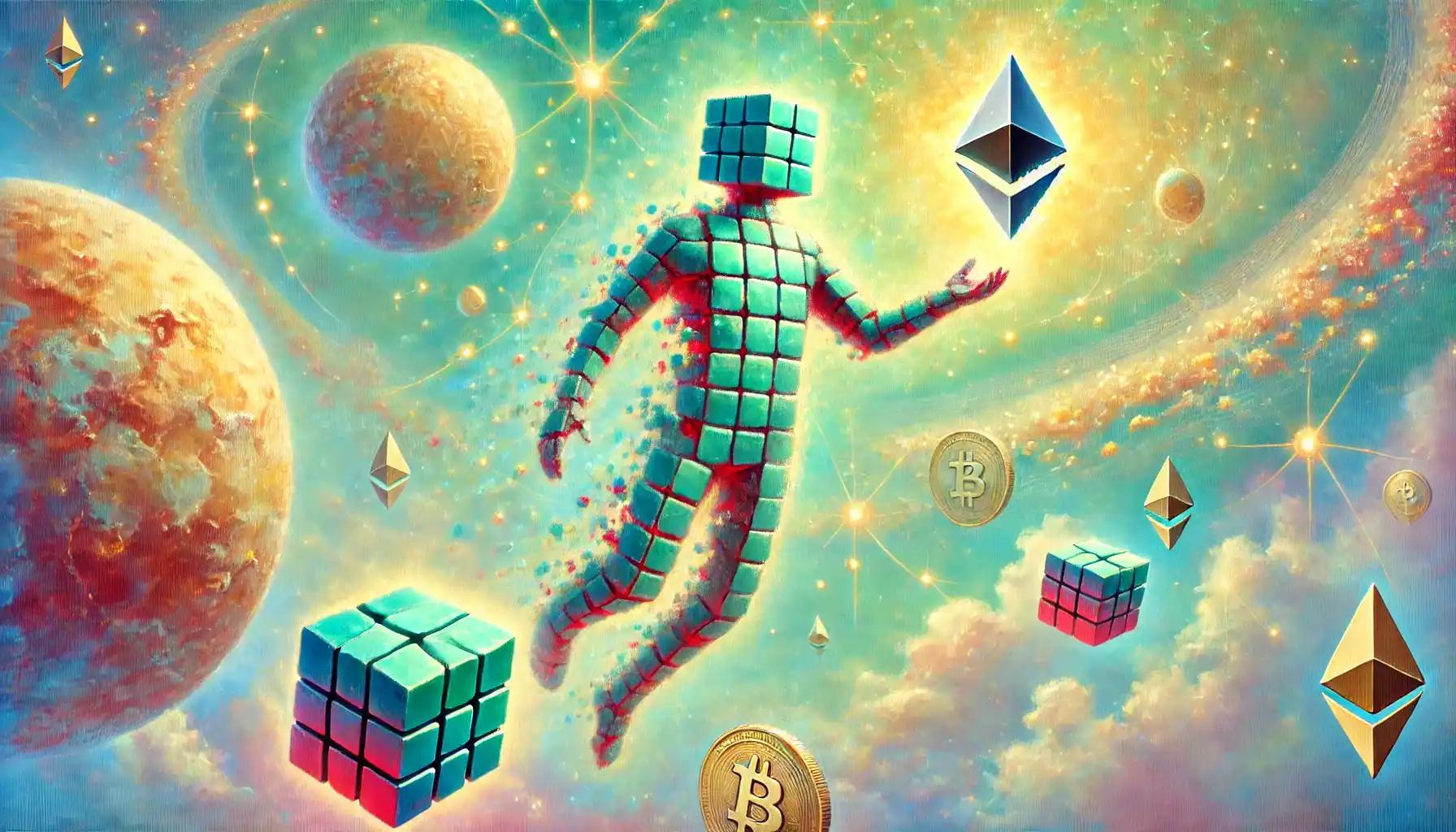 Robot floats in DeFi universe, reaching for Ethereum planets