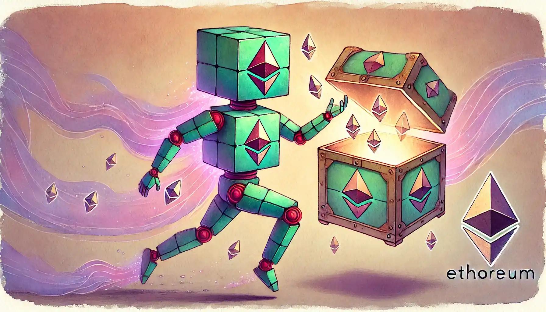 Robot gathers ETH tokens into chest reflecting rising crypto price