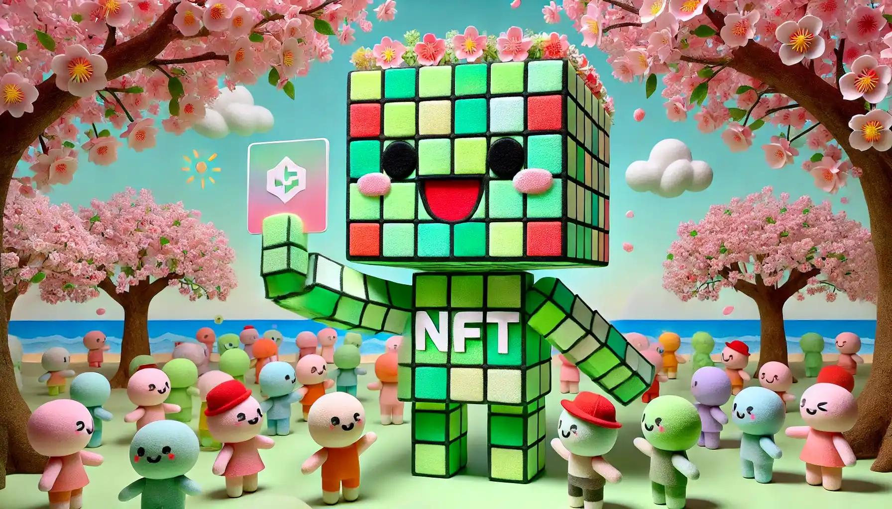 Robot handing NFT cards under pastel cherry blossom canopy