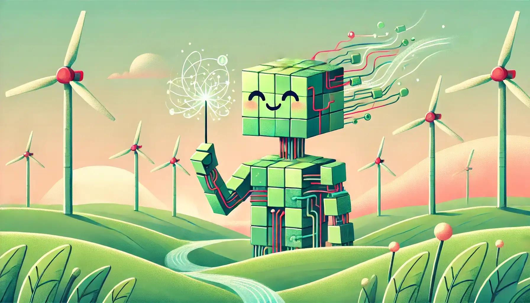 Robot harnessing wind energy, waving conductor wand, digital trails