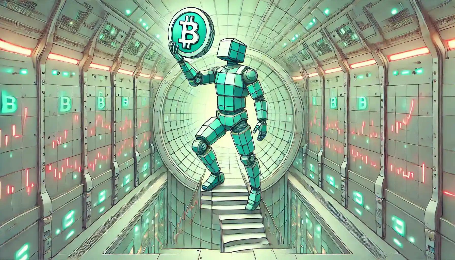 Robot hoisting Bitcoin orb in crypto vault