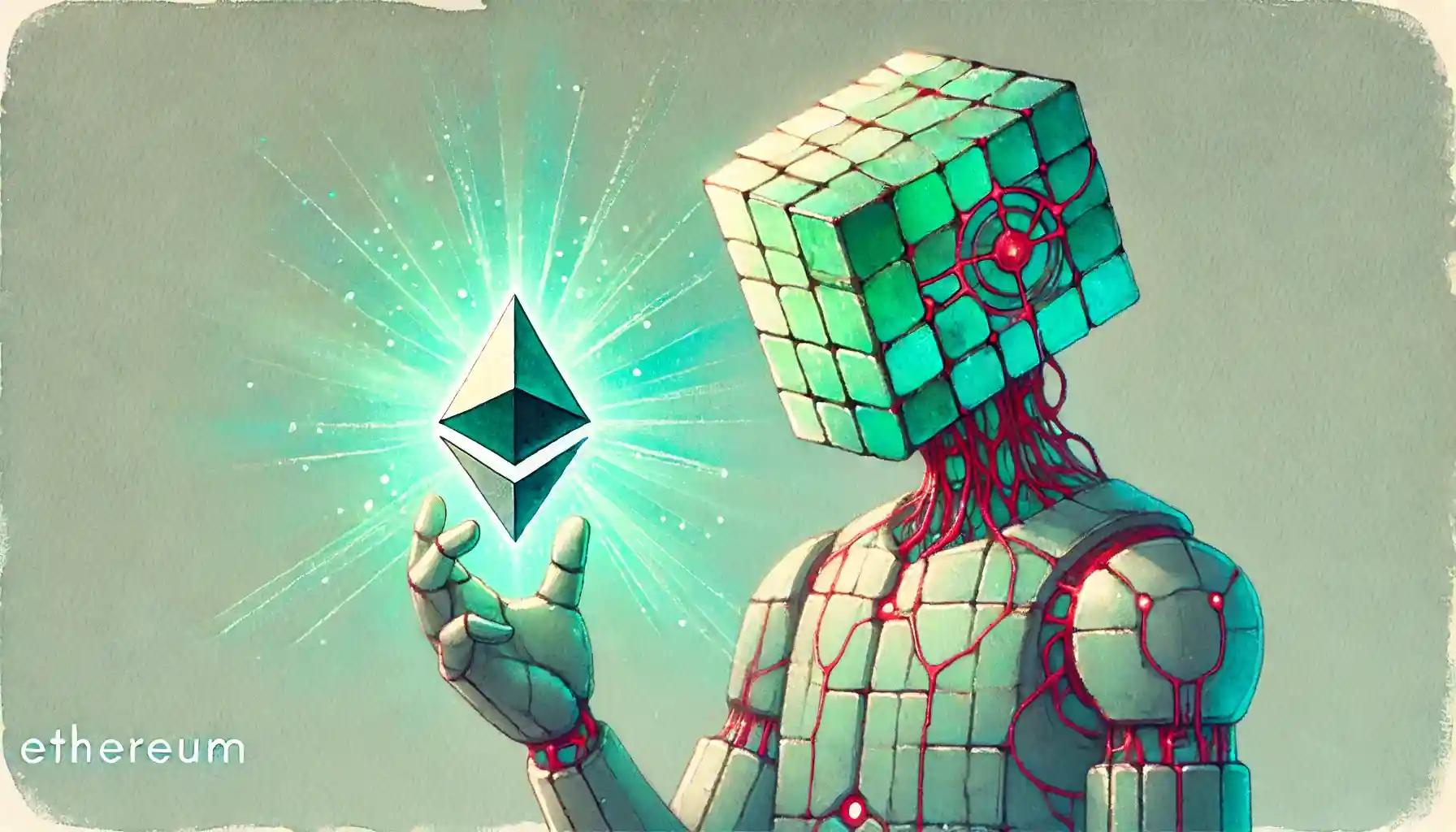 Robot holding Ethereum token, calm watercolor tones, Ukraine reserve contemplation