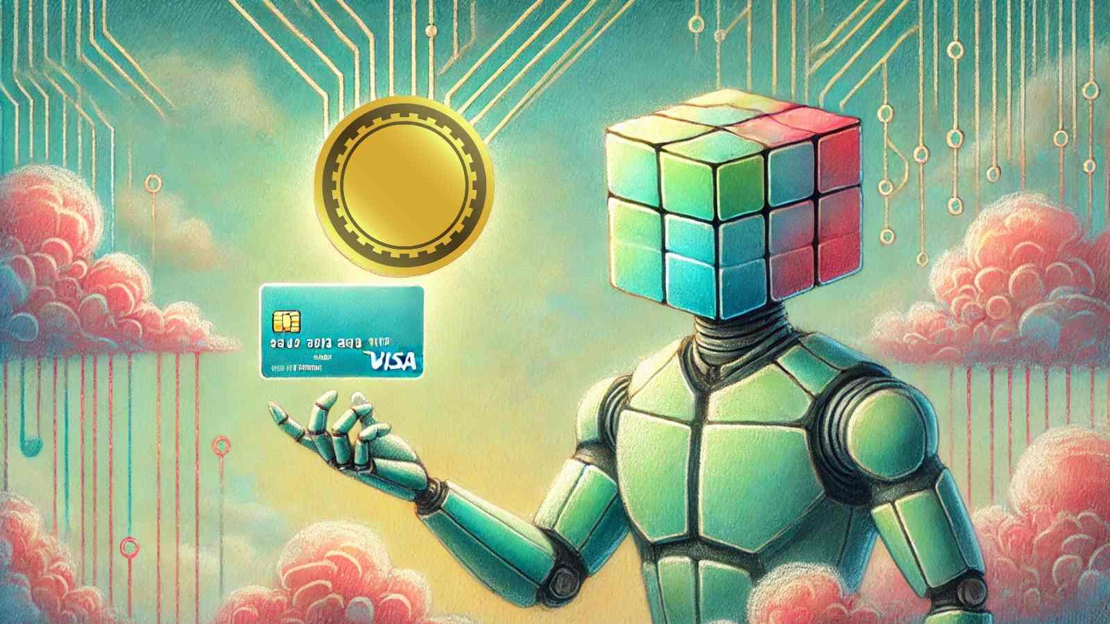 Robot holding Visa card, reaching for floating crypto coin
