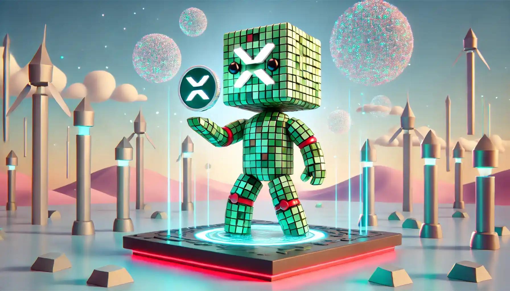 Robot holding XRP coin on blockchain platform with serene background