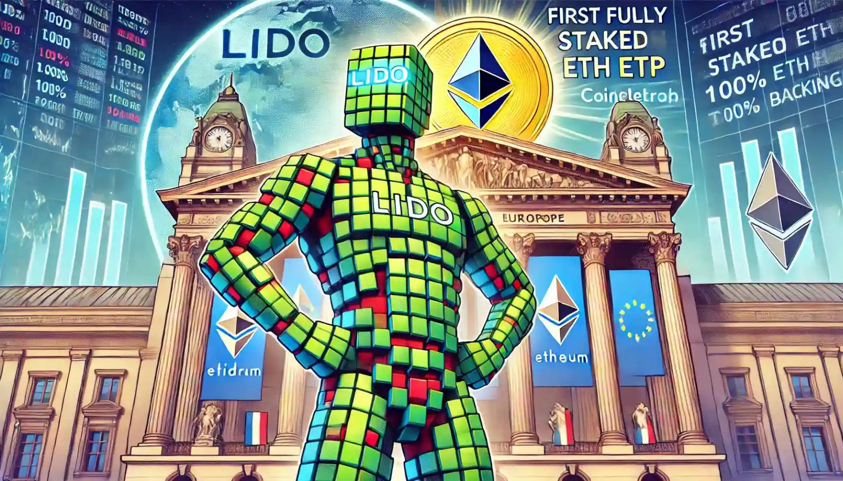 Robot holding a Lido stETH shield backed by Ethereum, launching Europe's first fully staked ETP