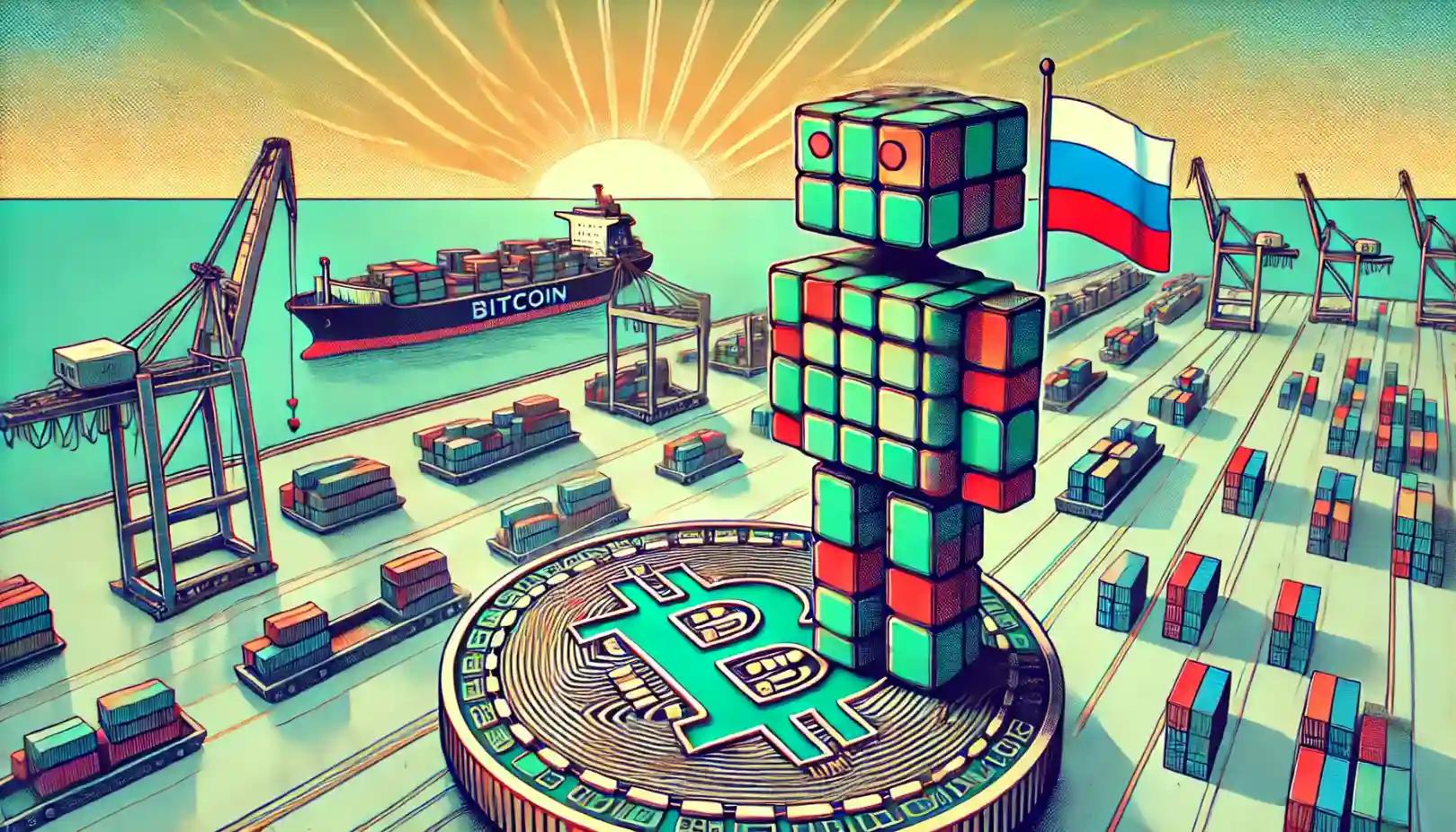 Robot holding flag on Bitcoin in futuristic trade port