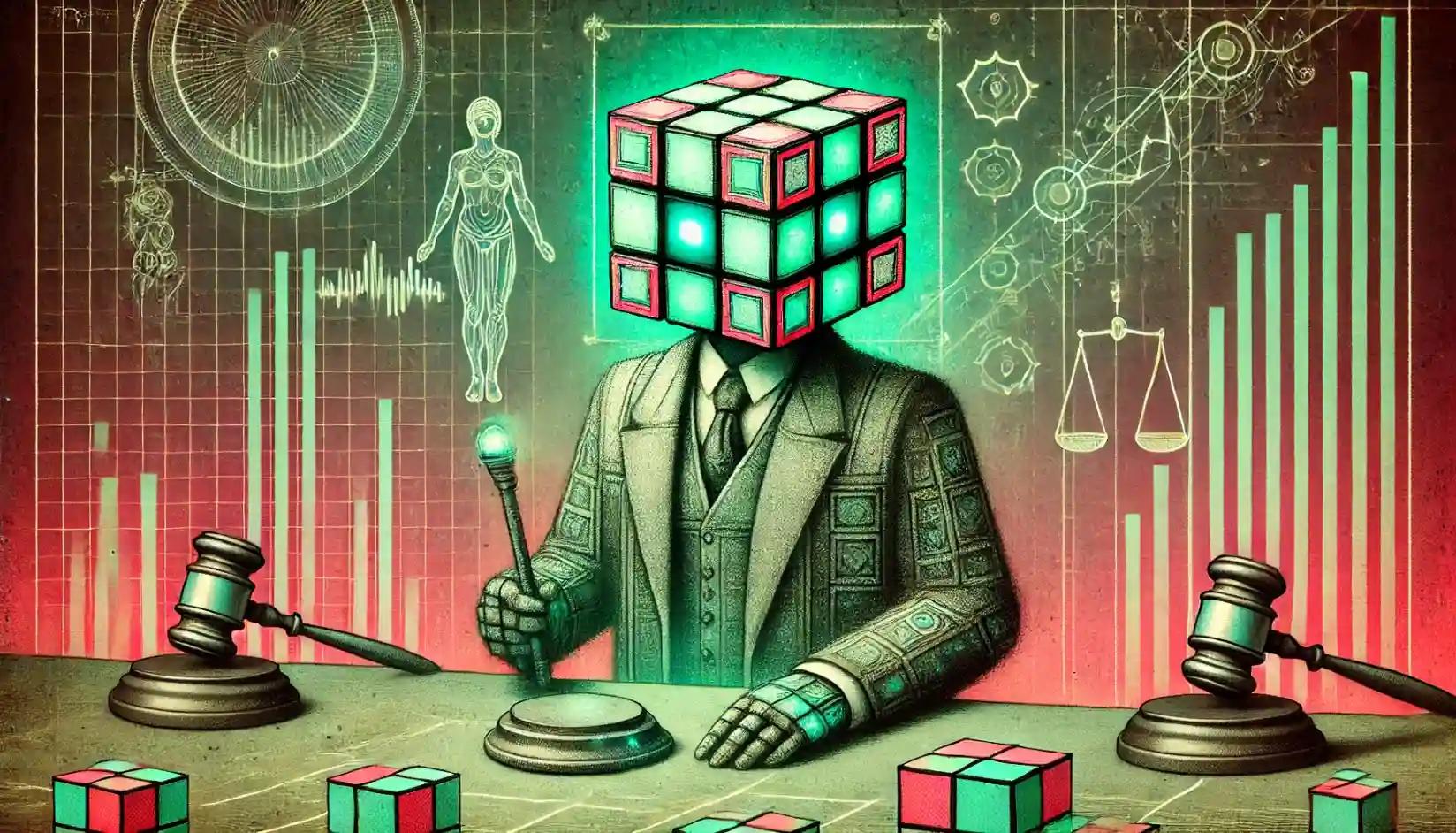 Robot holding gavel amidst blockchain battle