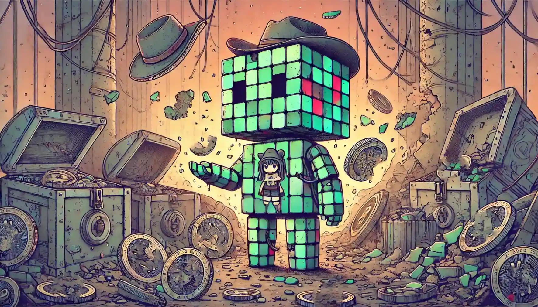 Robot holding scattered coins amid crumbling crypto vault
