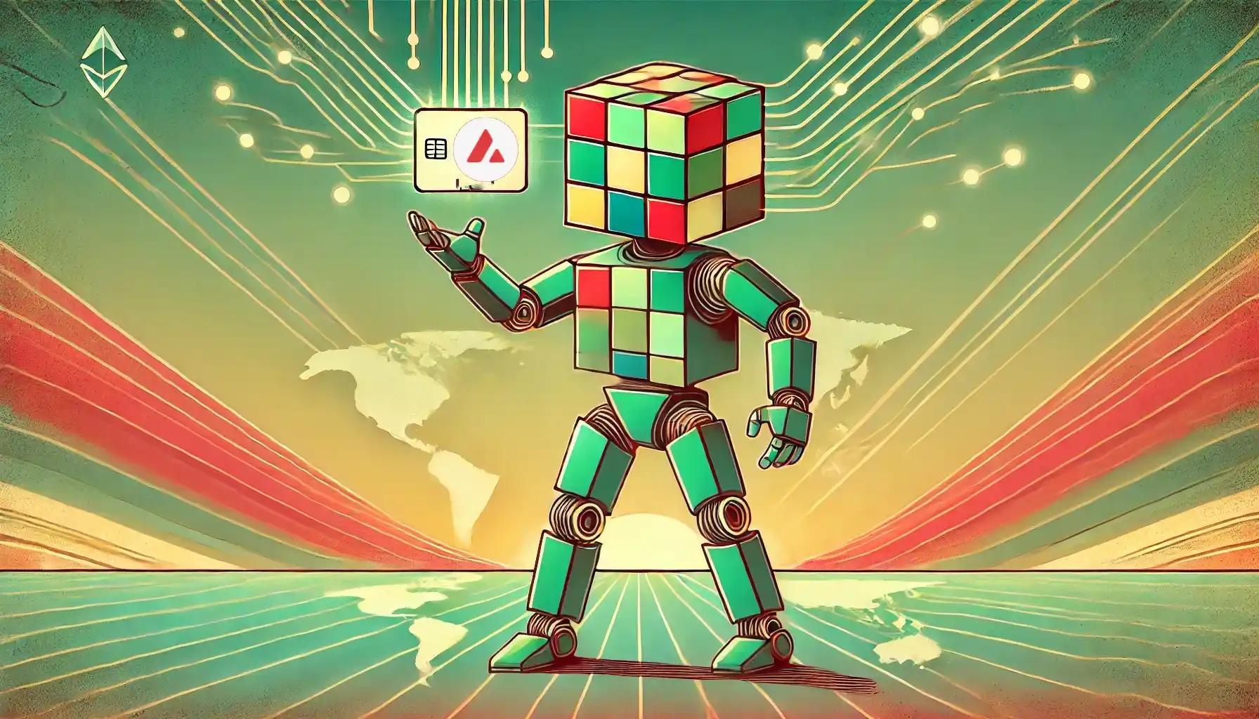 Robot holds crypto card, connecting to global digital payment system