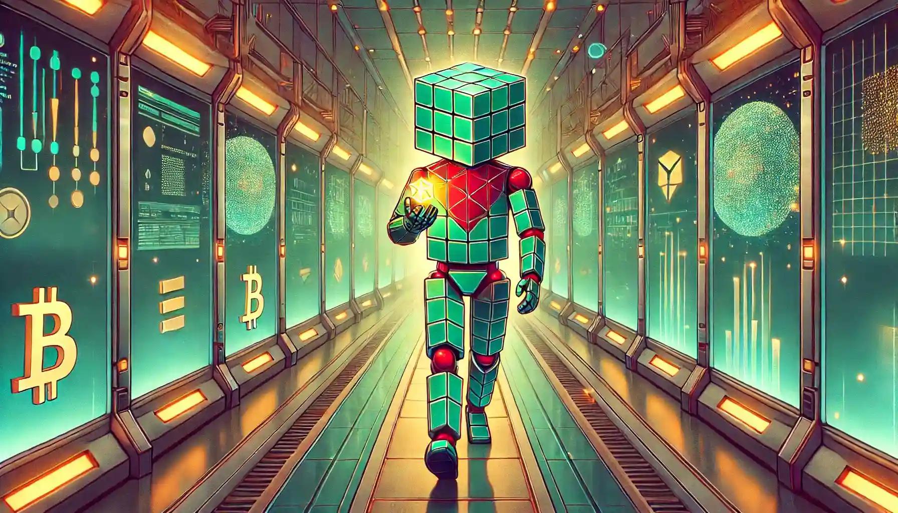 Robot holds tokenized bond in futuristic corridor lined with assets