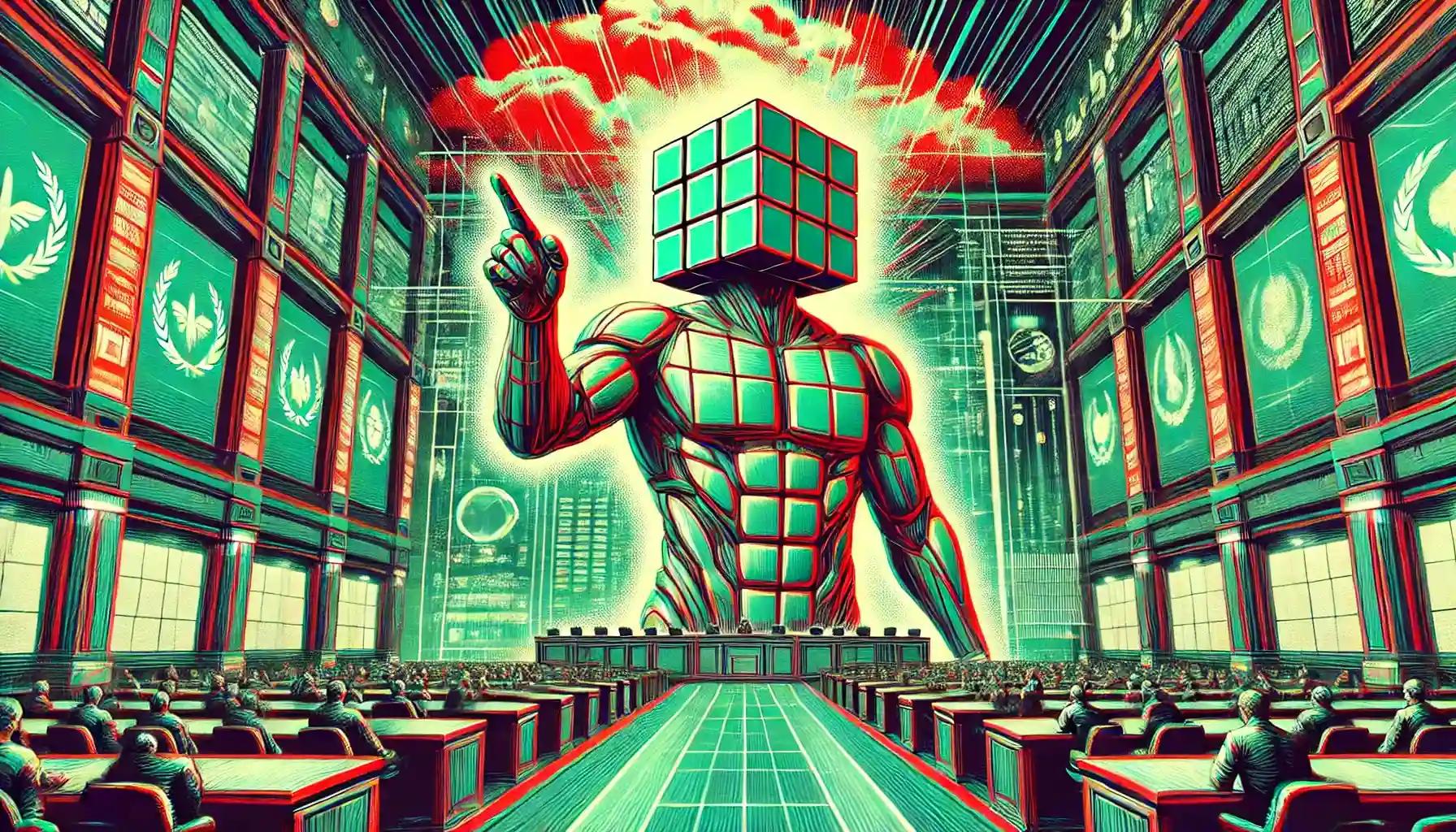 Robot in courtroom presenting evidence amidst digital storm