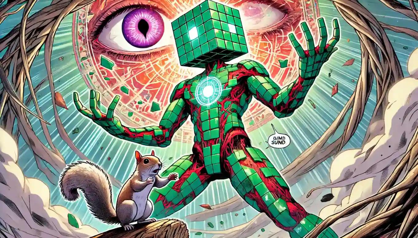 Robot in memecoin standoff, squirrel and witch's eye