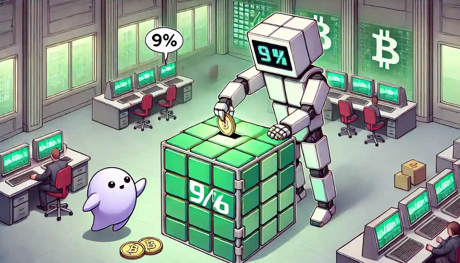 Robot inserts yield bar into vault as japan-style finance panels glow