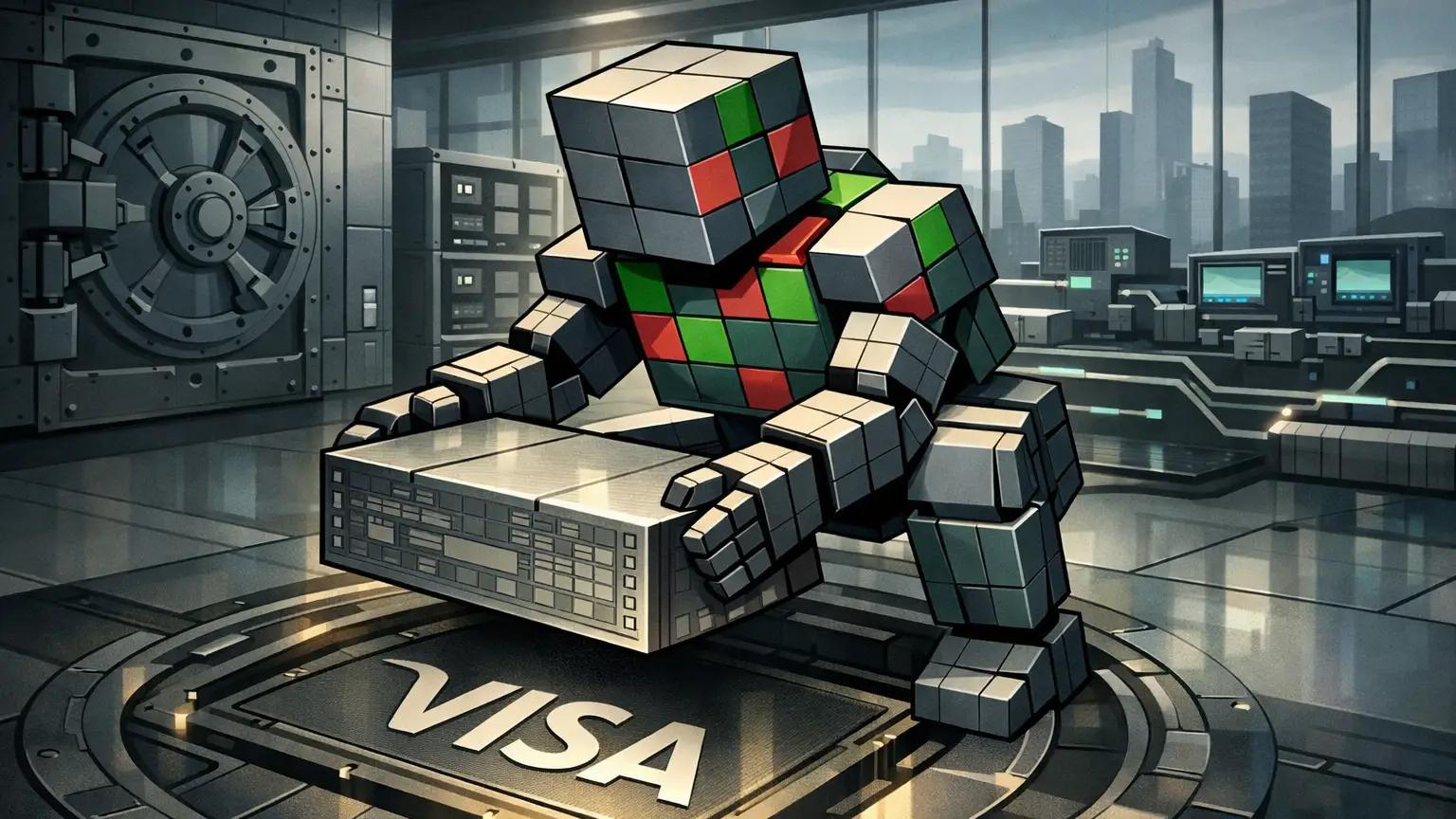 Robot installs blockchain settlement engine powering Visa stablecoin payment infrastructure network.