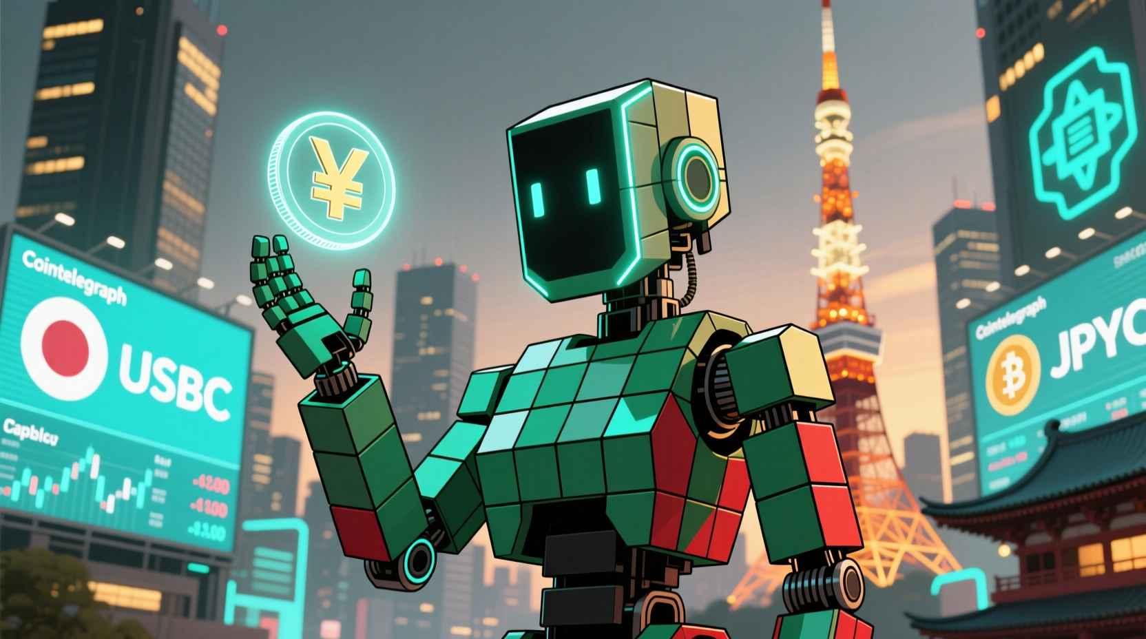Robot introduces yen stablecoin before Tokyo skyline showing crypto price index