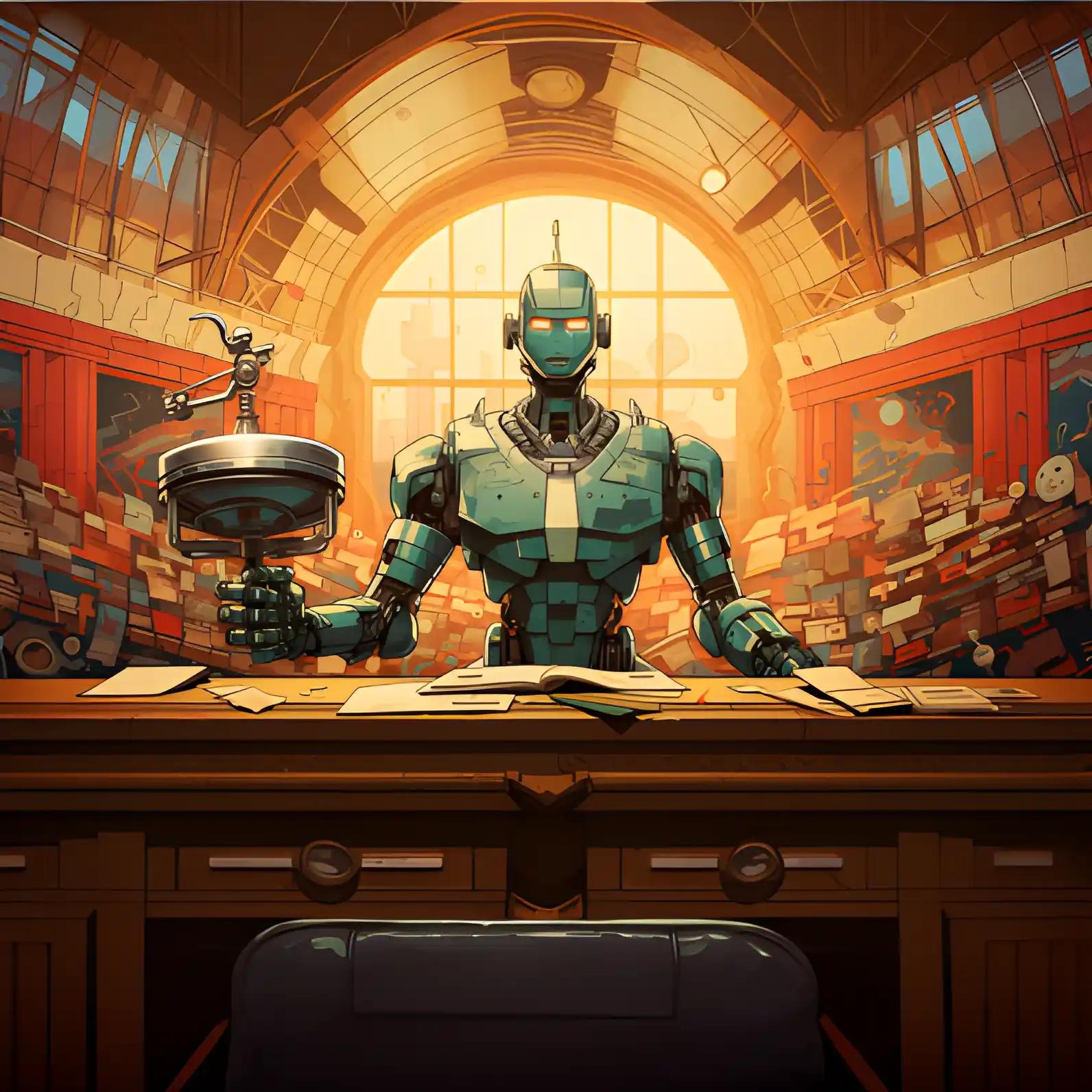 Robot judge with gavel and Bitcoin representing Mt Gox case extension