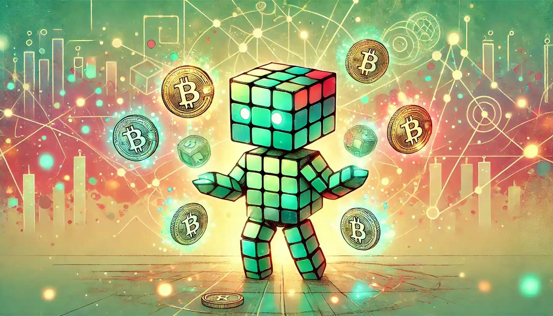 Robot juggling Bitcoin tokens on blockchain floor, showing volatility