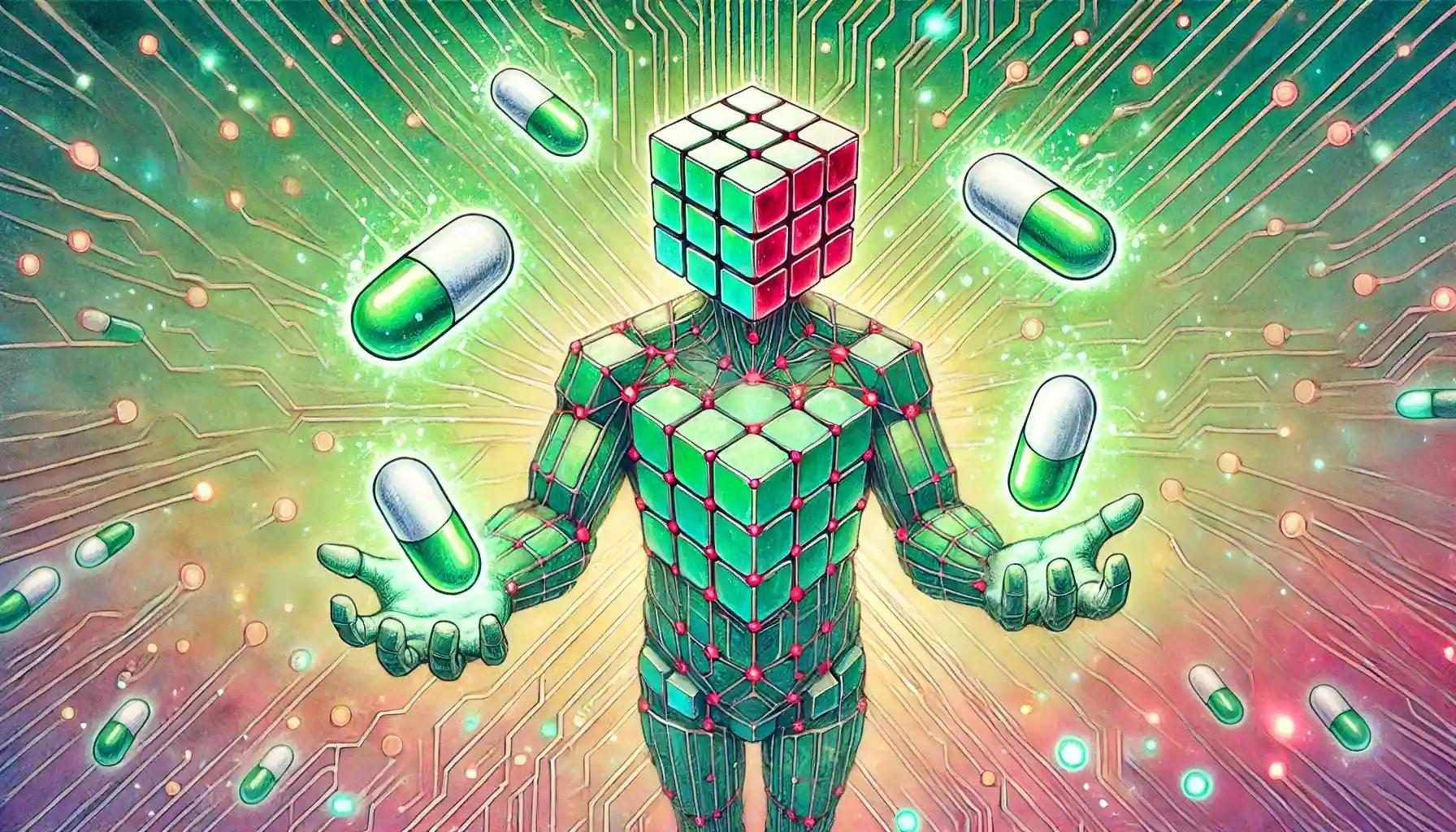 Robot juggling glowing pills in detailed blockchain pastel scene