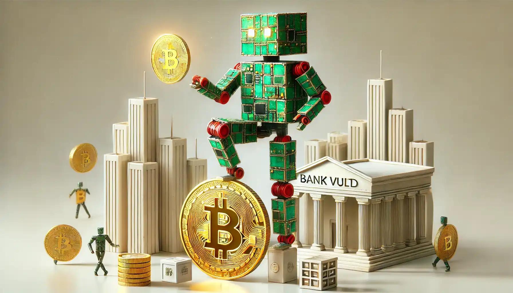 Robot juggling vaults atop coin in circuit board cityscape