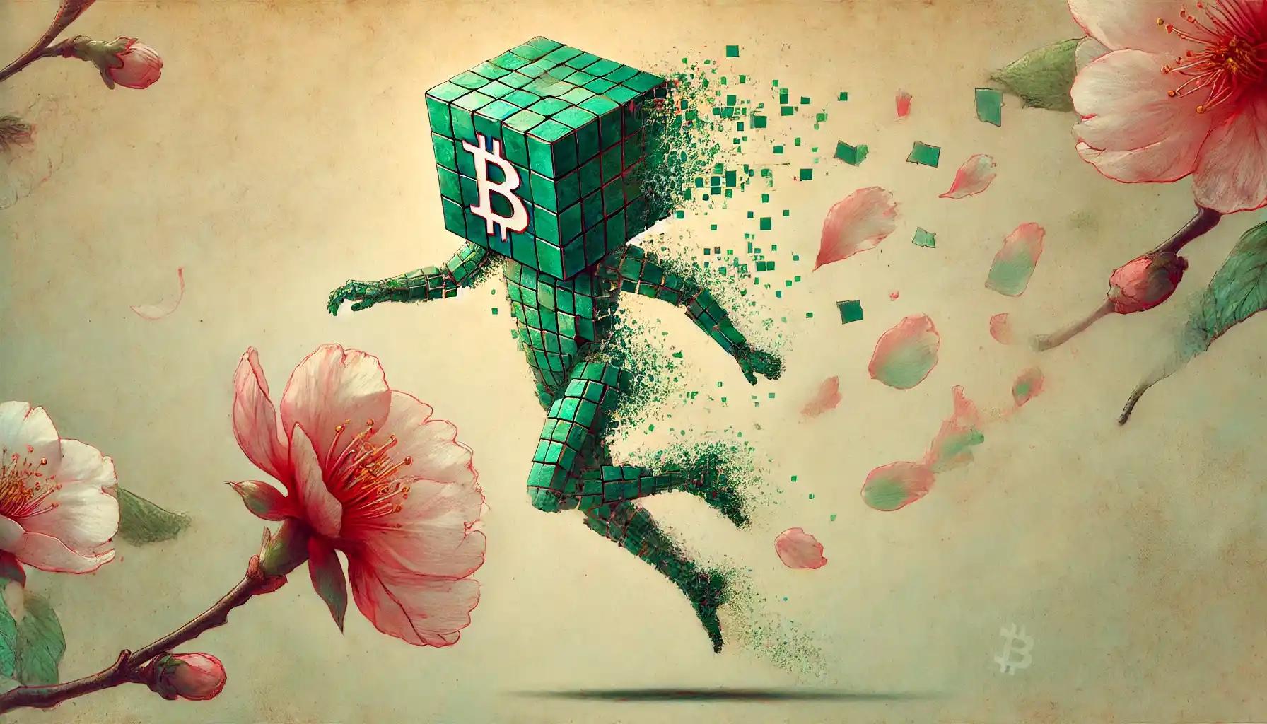 Robot jumps across glitching petals and coins — crypto price