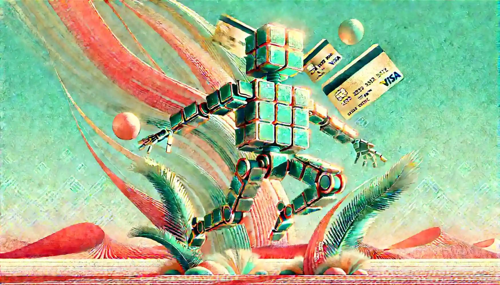 Robot jumps over desert, green mosaic, gold visa cards