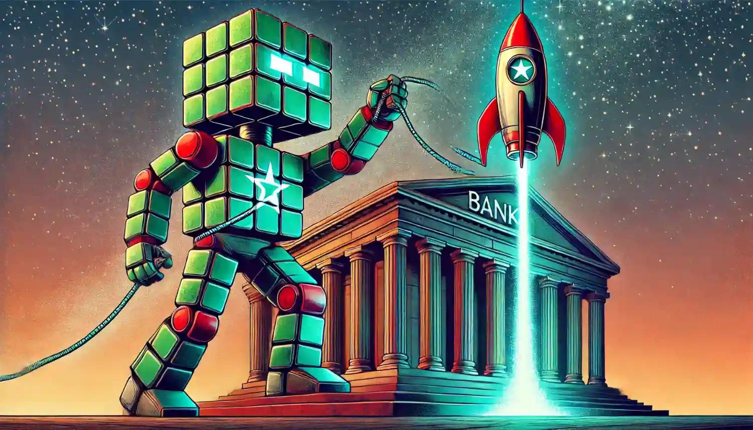 Robot launches tethered stablecoin rocket from bank fortress pilot platform