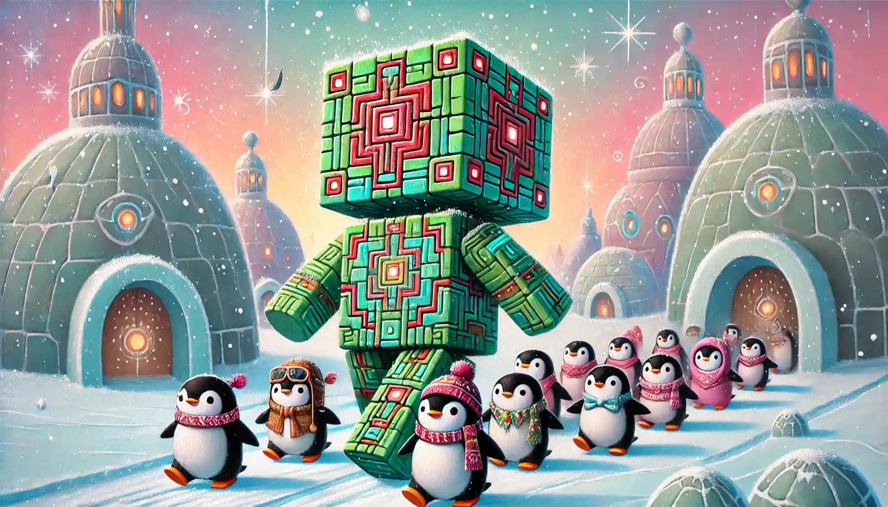 Robot leads penguin parade; winter village sparkles with snow