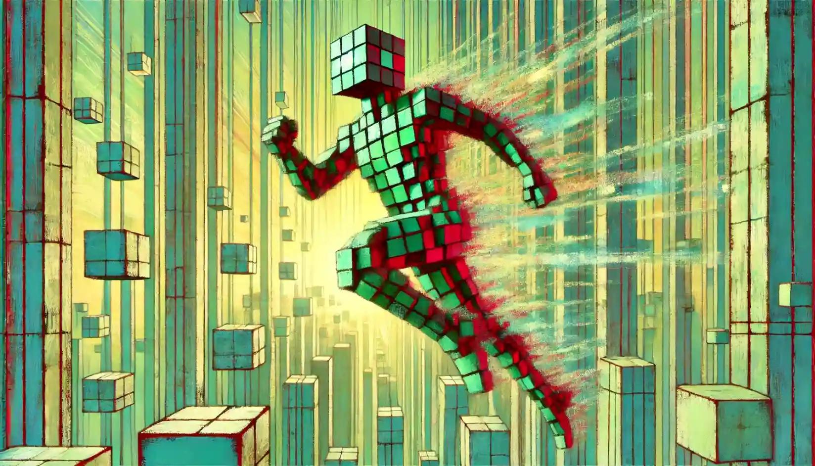 Robot leaping Starknet blocks in pastel lime networks