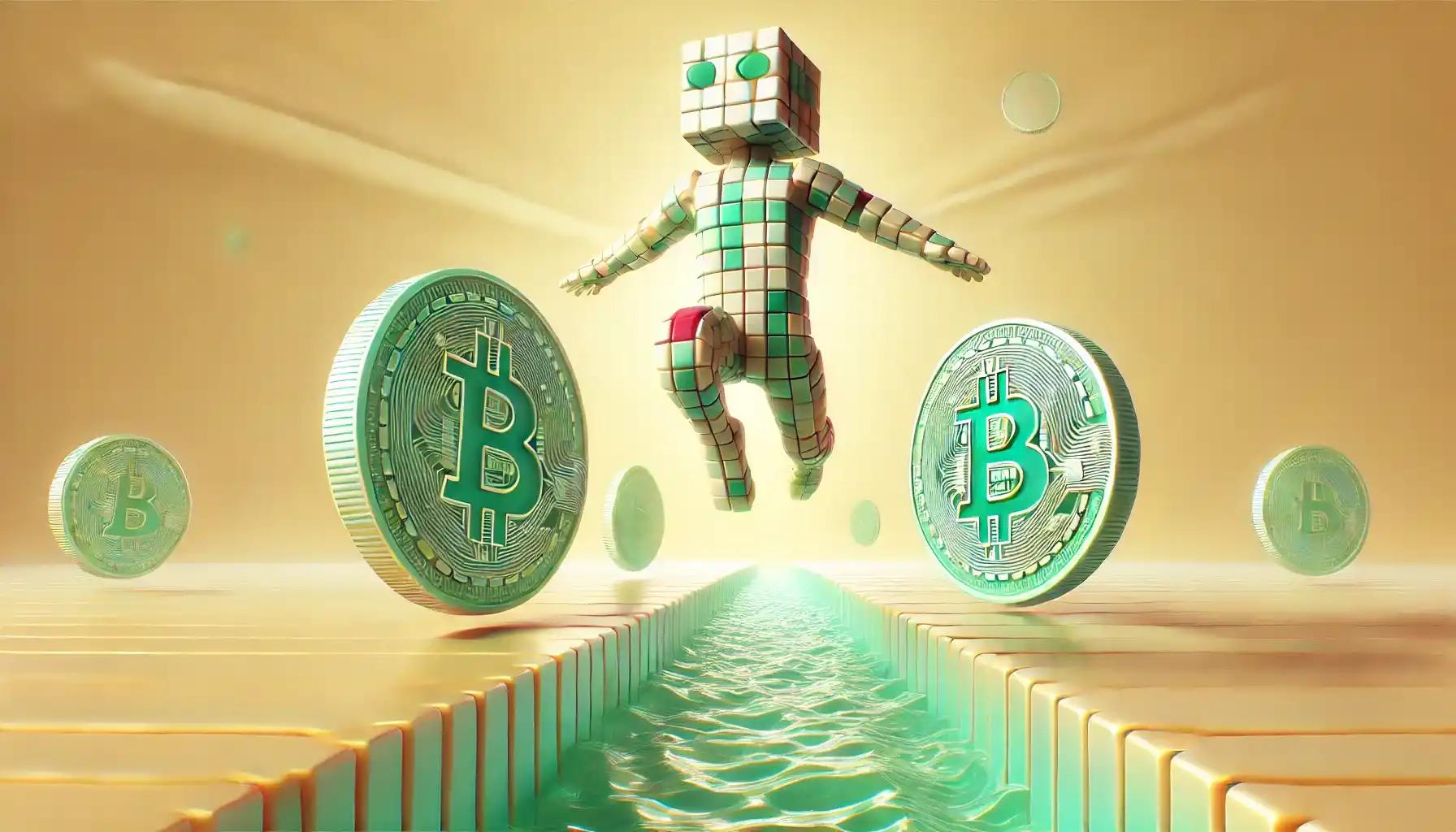 Robot leaping between stablecoins on market liquidity pastel bridge