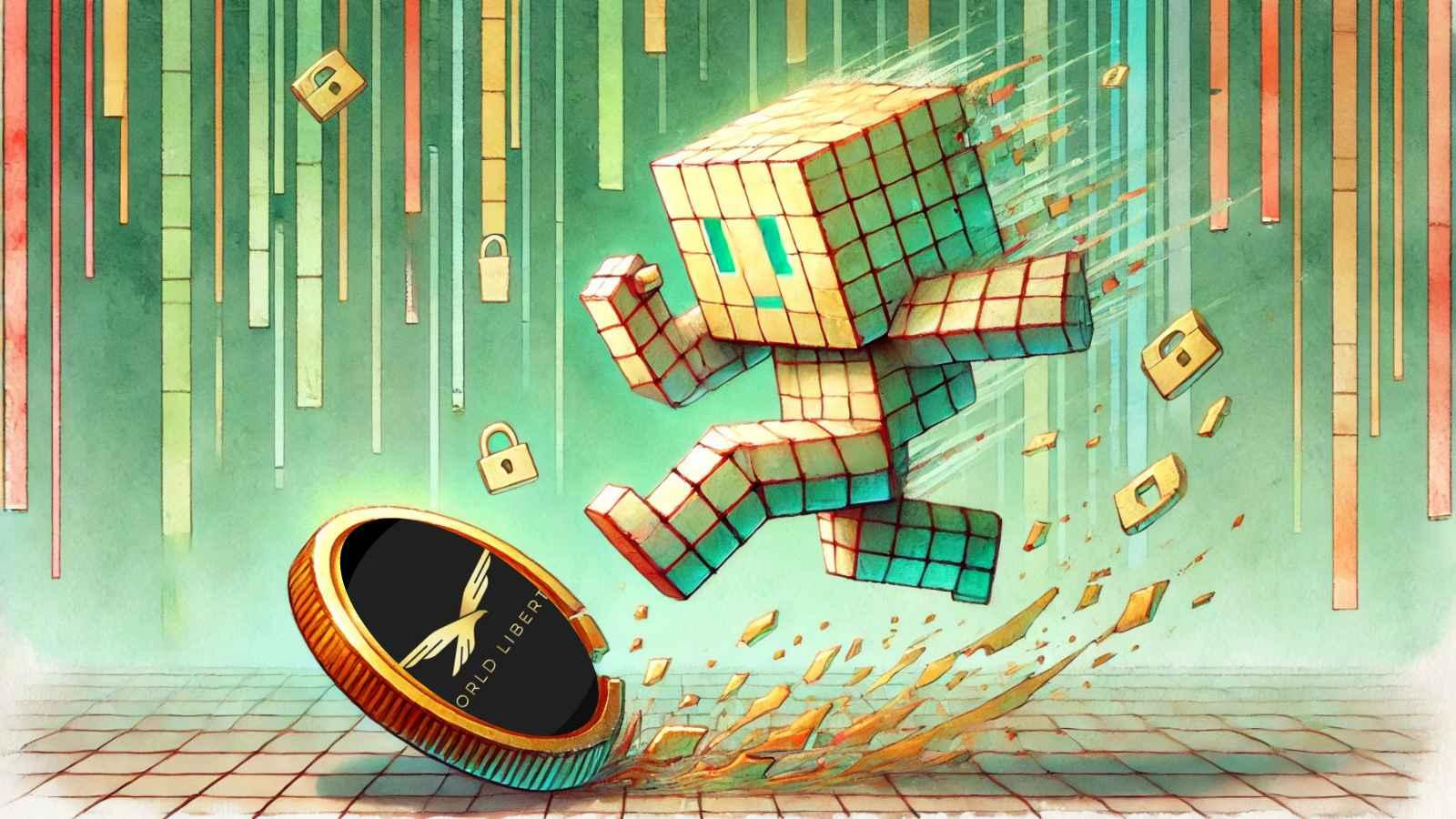 Robot leaping over digital coins in glitchy financial landscape