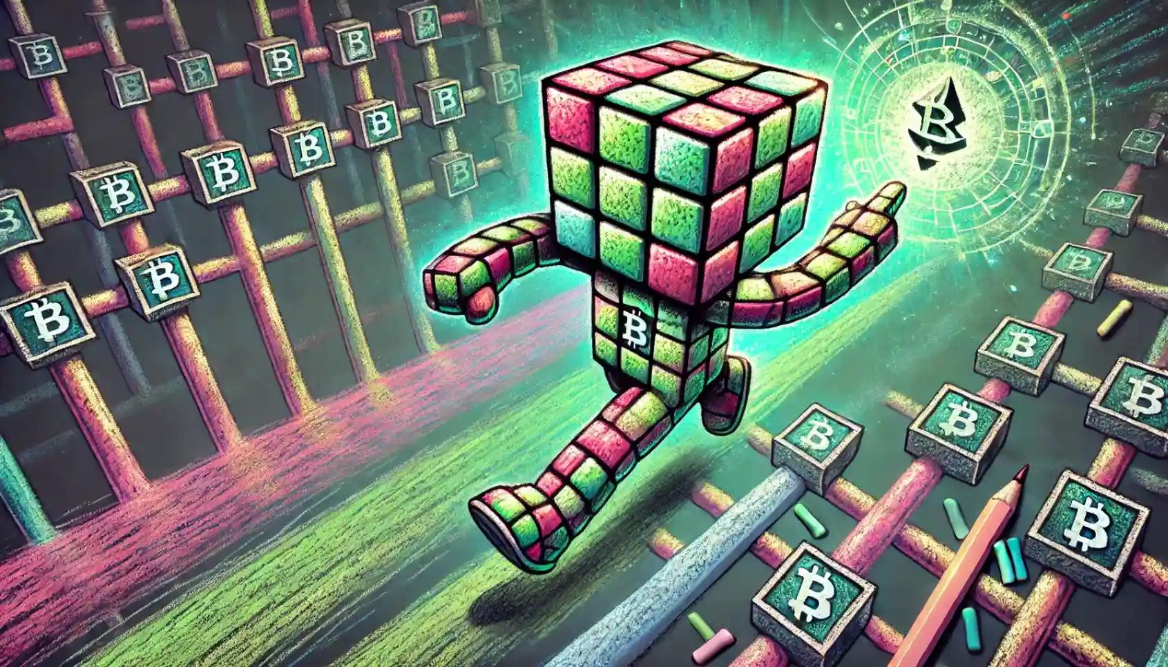 Robot leaping with holographic assets on blockchain node maze