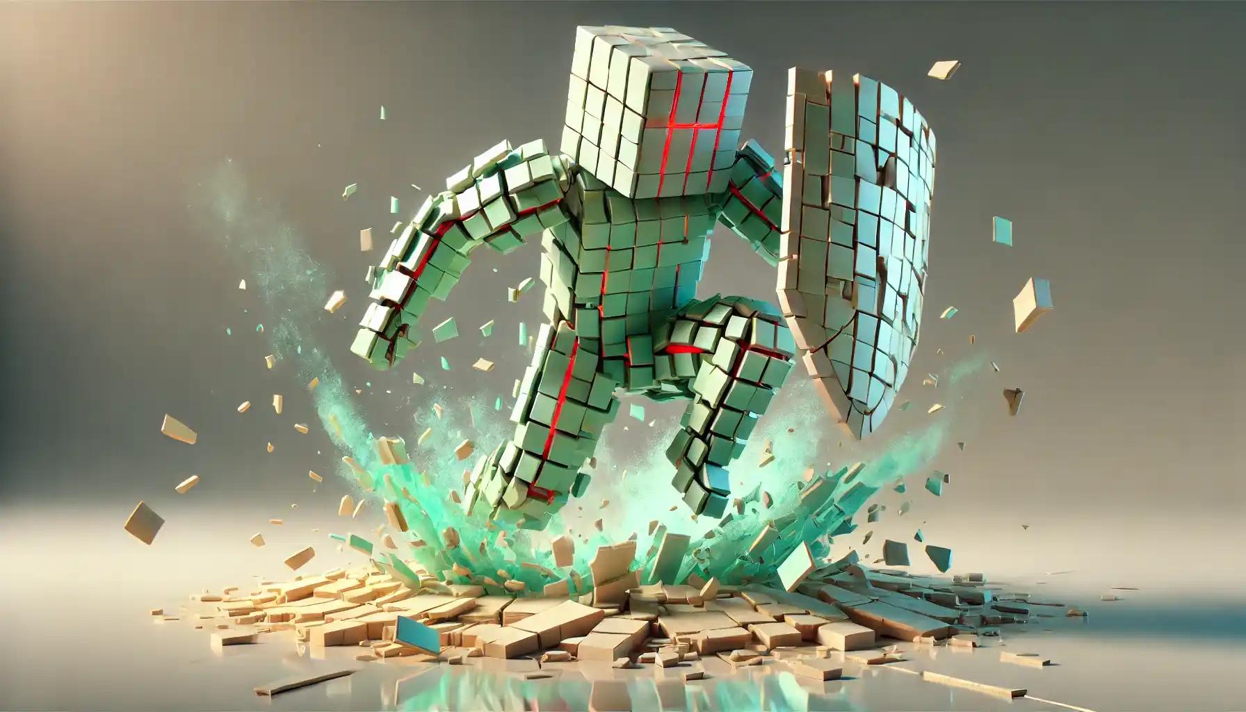 Robot leaping with shattered shield, highlighting broken crypto price defenses