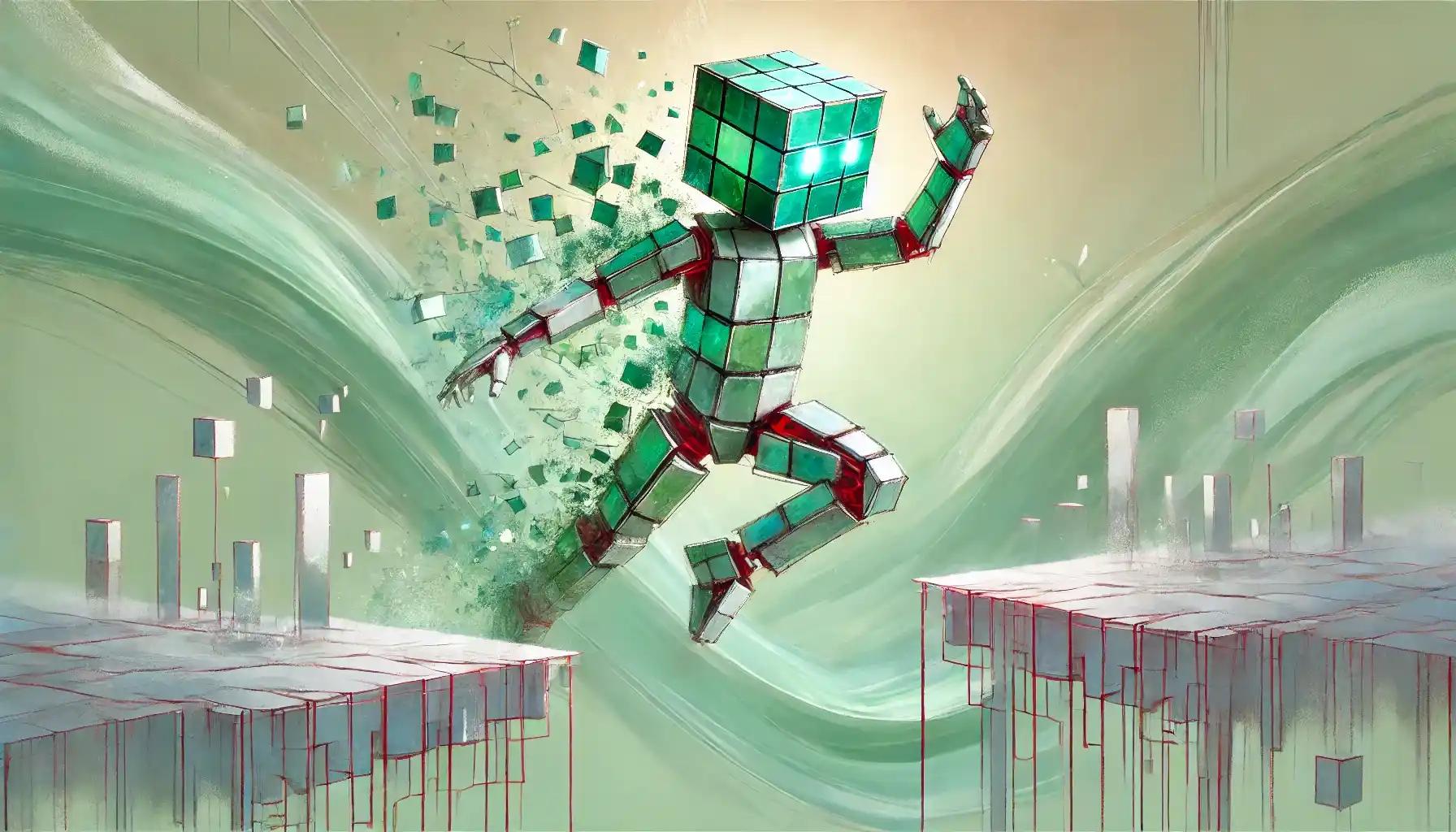 Robot leaps across broken code bridges, reflecting fragile coin market cap