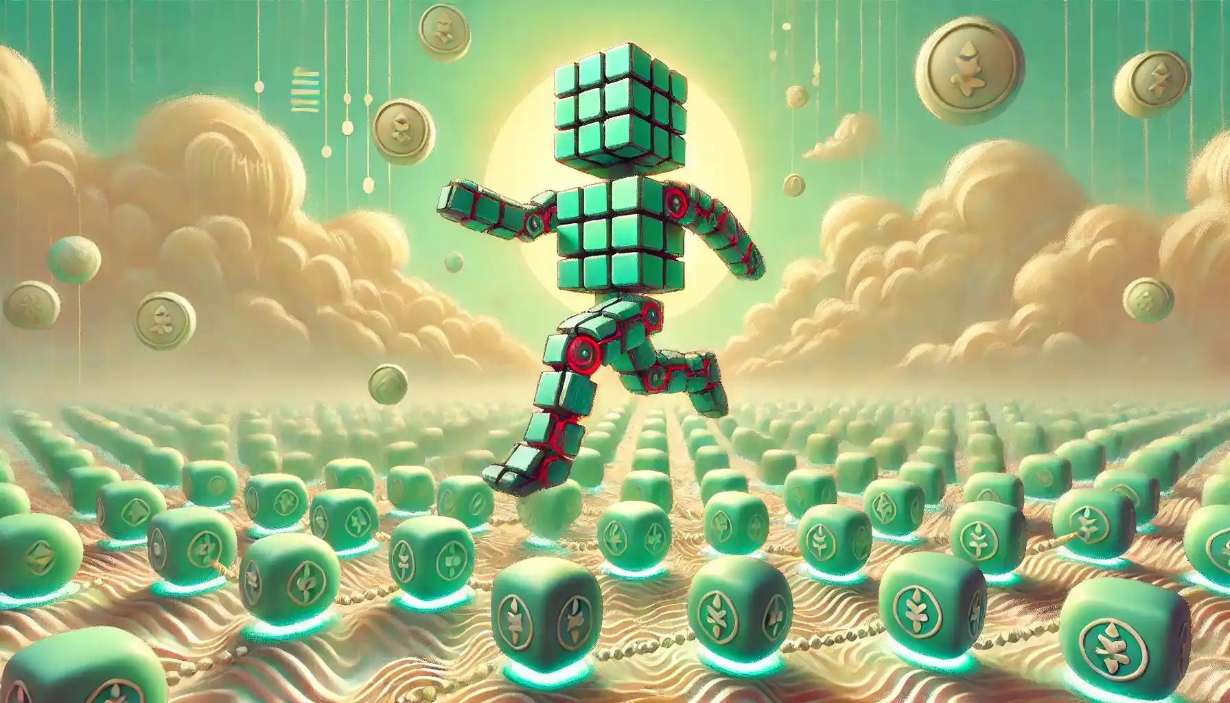 Robot leaps across stablecoin orbs in pastel XRP scene