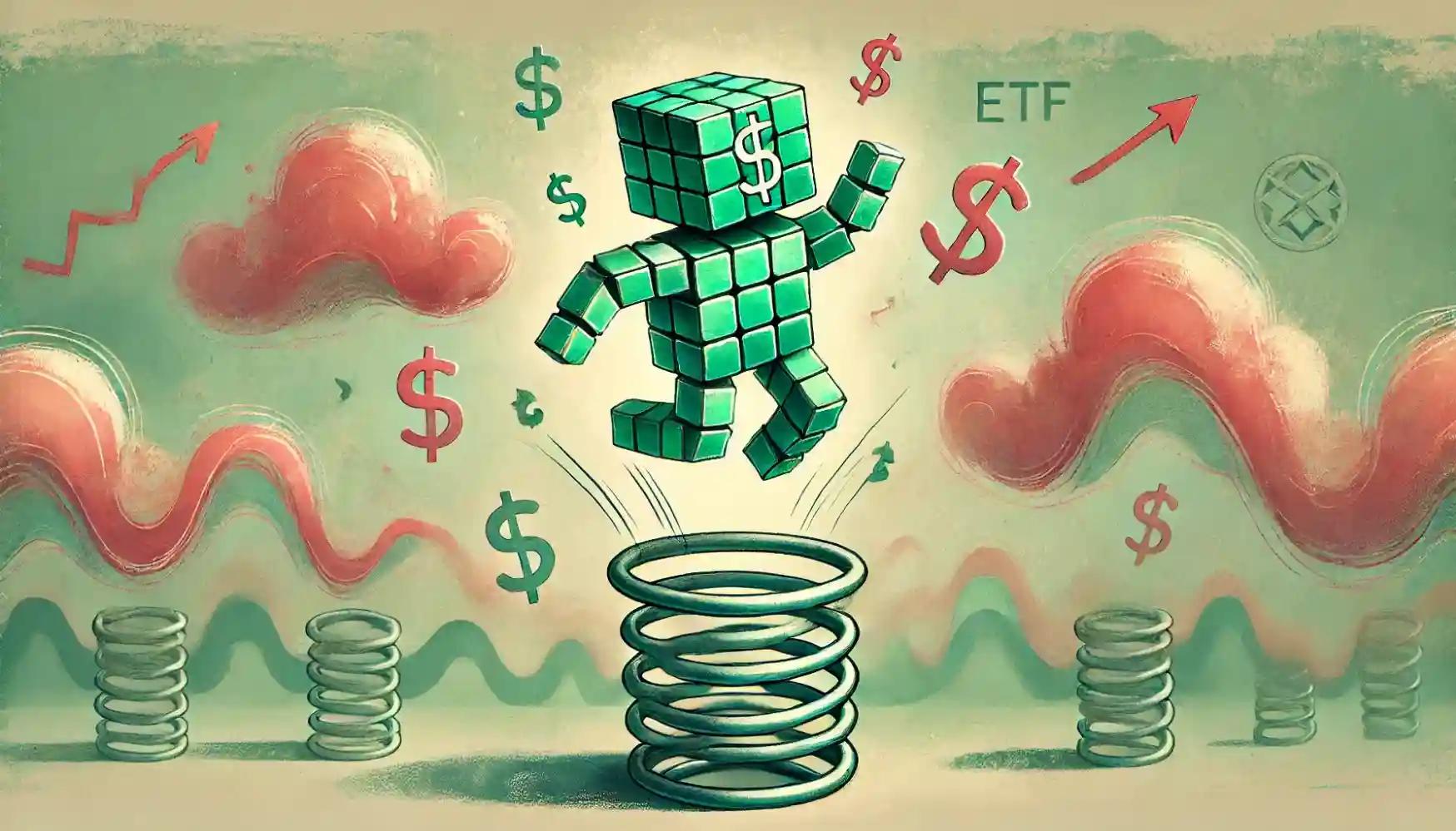 Robot leaps from ETF trampoline, green mosaic, rising inflows