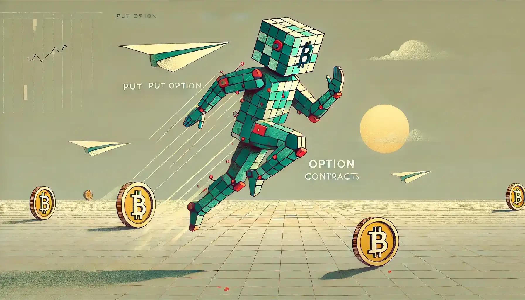 Robot leaps from put option toward floating Bitcoin cube