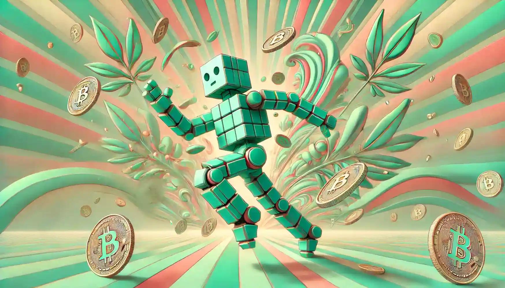 Robot leaps through Bitcoin swirl, green mosaic, vibrant crypto energy