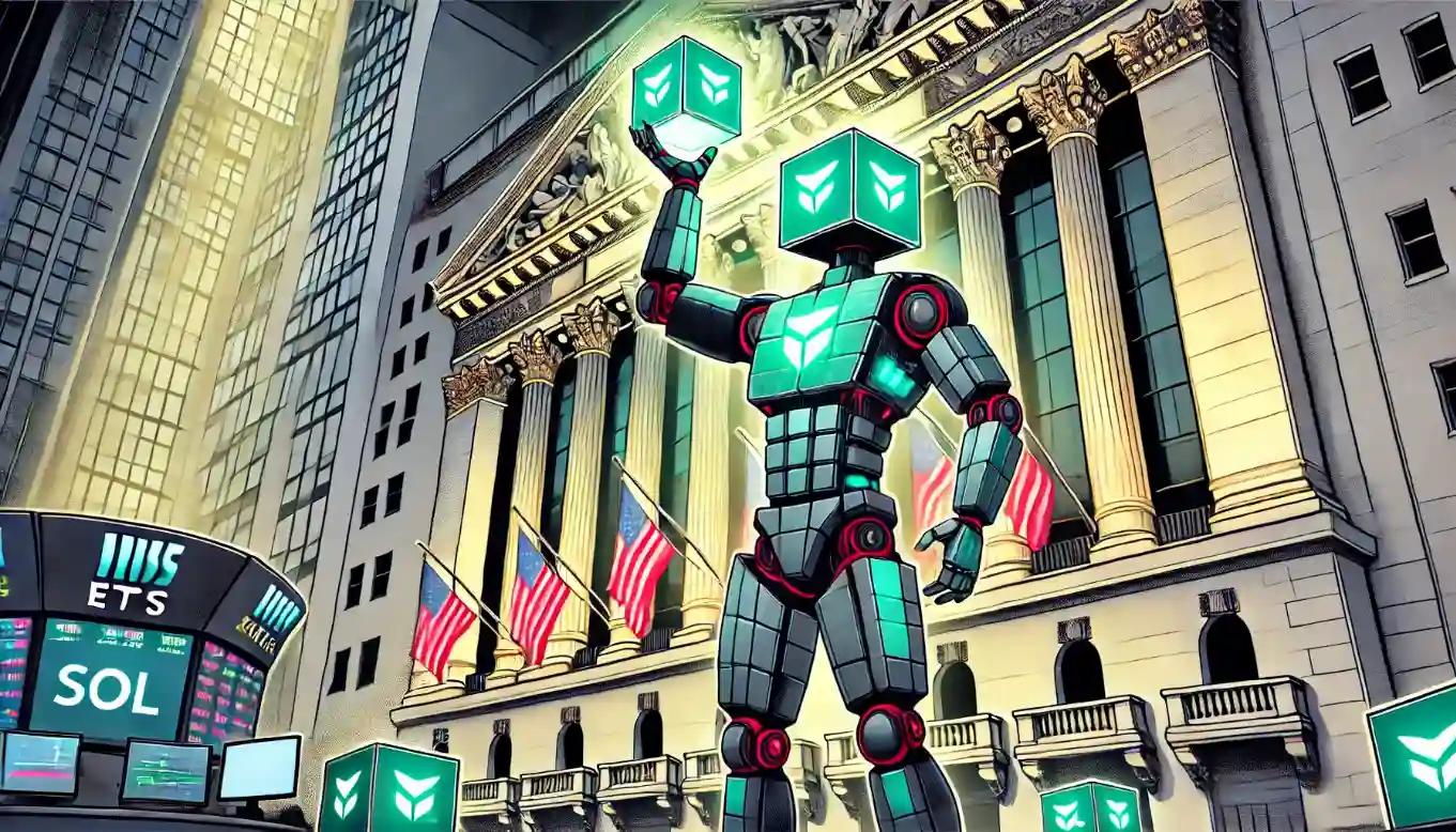 Robot lifts Solana ETF cube amid Wall Street crypto price tickers