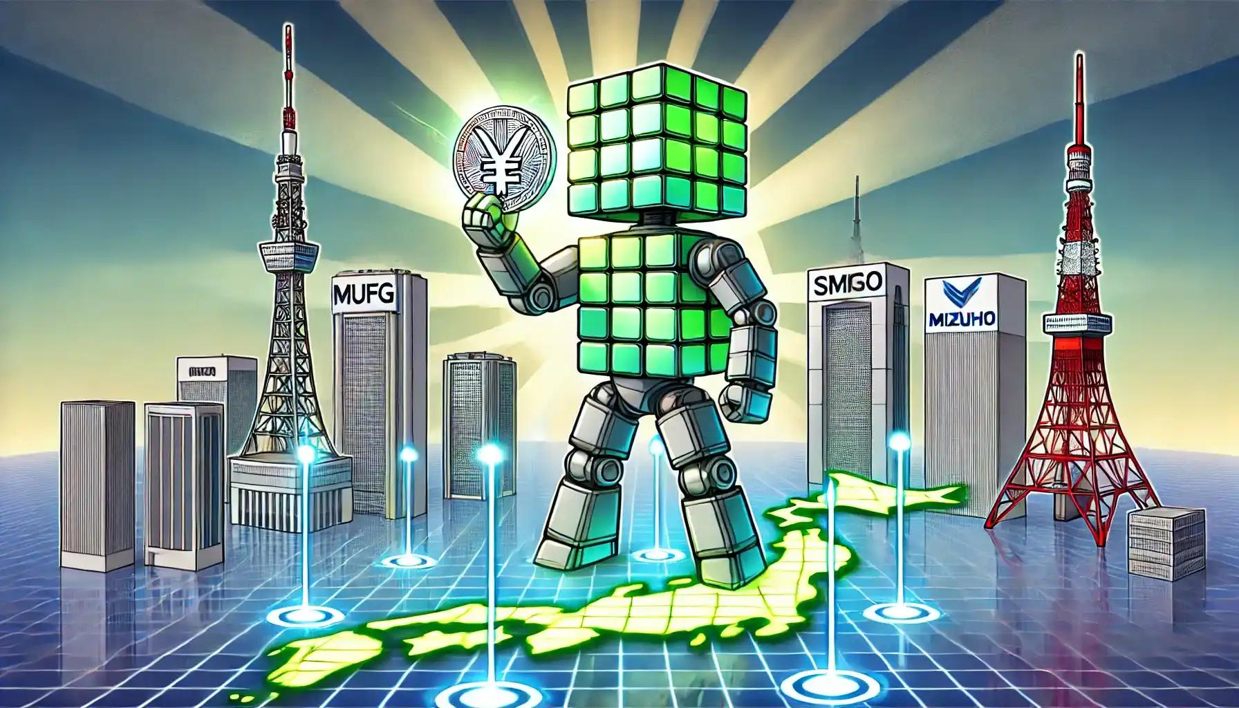 Robot lifts yen coin above digital Japan network for stablecoin launch