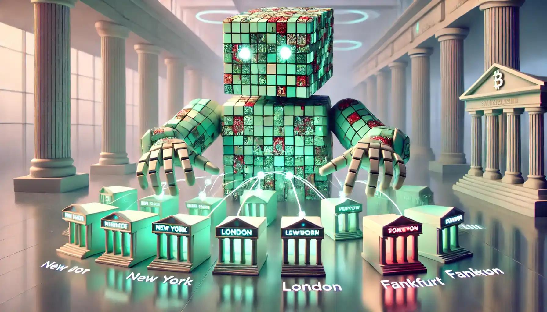 Robot linking global banks through pastel cross-border stablecoin bridges