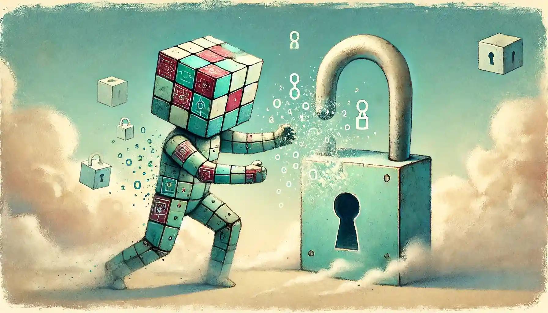 Robot locks encryption keyhole against pastel sky