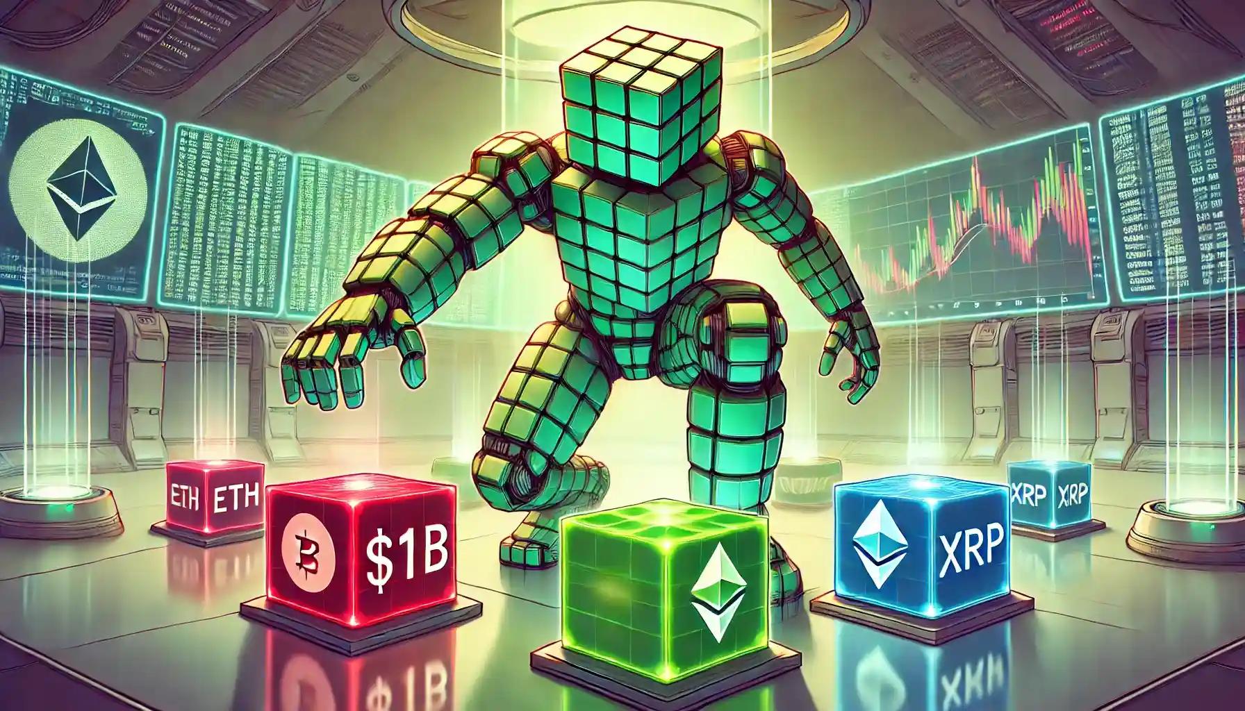 Robot managing Ethereum and XRP treasury cubes reflecting global crypto price