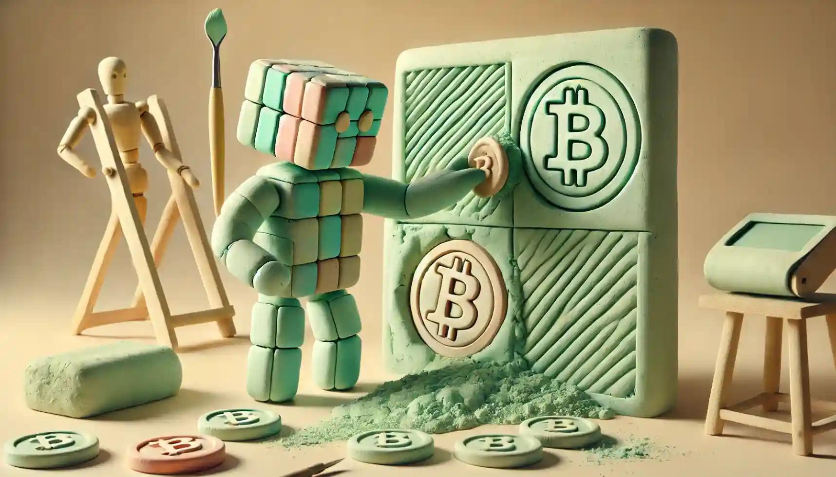 Robot molds Bitcoin tokens in clay relief scene