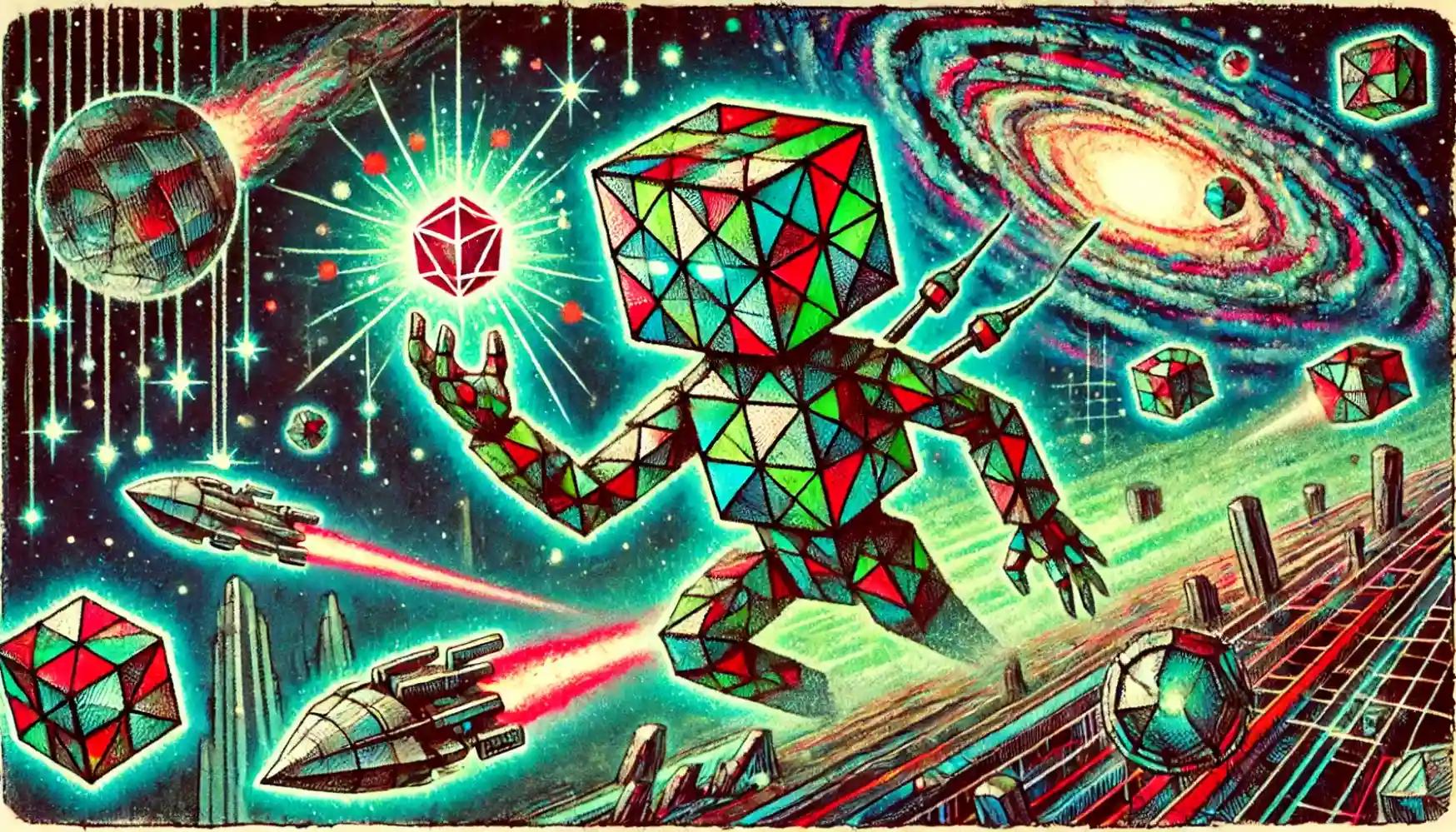 Robot navigating neon asteroid field, glowing crystal, GameFi adventure